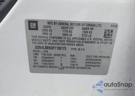 2015 Chevrolet Equinox Lt from USA, damaged, VIN 2GNALBEK9F1138173